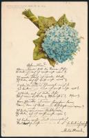 1899 Virágos litho képeslap, rajta német nyelvű, kézzel írt vers, Budapestről Berlinbe küldve