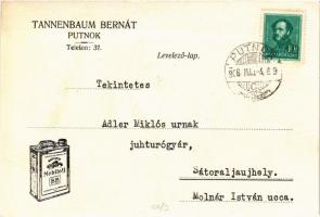 1936 Putnok, Tannenbaum Bernát mobiloil reklám. Hátoldalon kóser csemegetúró rendelés (EK)