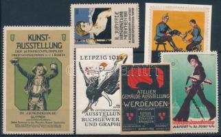 cca 1910 Kis kiállítási levélzáró tétel festészet és művészet témájú reklám bélyegekkel