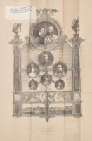 1879 Ferenc József és Erzsébet királyné 25. házassági évfordulója alkalmából készült és a királyi család tagjai mellett Budapest és Bécs látképét bemutató nagy méretű nyomat. Színes kőnyomatú kép mintalapja. címkével, hajtva, kis szakadással az egyik hajtásnál. 50x75 cm
