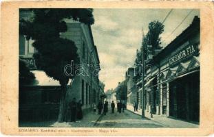 1927 Komárom, Komárno; Komitátní ulice / Komitatsgasse / Megye utca, Kincs Mór Fia üzlete / street view, shop (kopott sarkak / worn corners)
