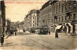 1910 Budapest II. Margit körút, háttérben a Rózsadomb, Szeiffert kávéház, villamosok, csendőr, Wohlmuth A. üzlete, drogéria (gyógyszertár) (EB)