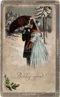 1924 Boldog Újévet! / New Year greeting art postcard with kissing couple. Lepochrom L&P 6242/II. (fa)