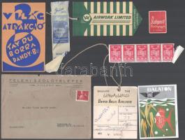 cca 1920-1940 Kis reklám nyomtatvány tétel. címke terv, boríték, levélzáró, bőröndcímkék, stb
