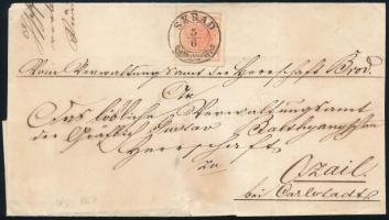 1857 3kr MP III regiszterhajtással levélen "SKRAD"