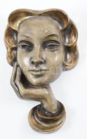 Német Art Deco kerámia női fej, etikettel jelzett, kopásnyomokkal, falra akasztható, m: 28 cm