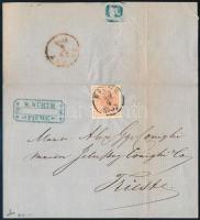 1857 3kr MP III levélen "FIUME" - piros "TRIEST"
