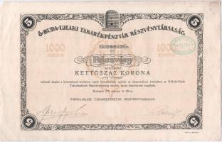 Budapest 1921. Ó-Buda-Ujlaki Takarékpénztár Részvénytársaság 5 részvénye egyenként 200K-ról szelvényekkel, bélyegzésekkel T:III kis papírhiány, foltok