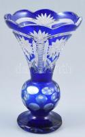 Ólomkristály kék váza, kopásnyomokkal, m: 22,5 cm