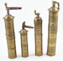 4 darabos, antik, réz kávédaráló szett, kopásokkal, m: 20-31 cm