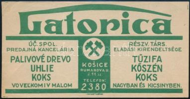 cca 1920-1930 Gatorica Rt. tűzifa, kőszén, koks kétnyelvű számolócédula