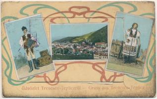 1916 Trencsénteplic, Trencianske Teplice; Szecessziós népviseletes leporello belül villamos vasútállomás / Art Nouveau folklore leporellocard with railway station (szakadás / tear)