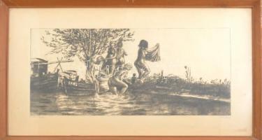 Görög Rezső (1930- ): Fürdő lányok. Rézkarc, papír, jelzett. Üvegezett fakeretben, 23,5×49,5 cm