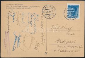 1950 Prága, Kárpáti Rudolf (1920-1999), Rerrich Béla (1917-2005), Nyári Magdolna (1921-2005) és más vívók autográf aláírása hazaküldött képeslapon