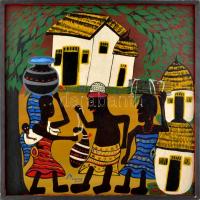 Damian B. Msagula tanzániai festő (1939-2005): Törzsi élet. Olaj, farost, jelzett, keretben, 60x60cm