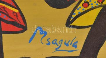 Damian B. Msagula tanzániai festő (1939-2005): Törzsi élet. Olaj, farost, jelzett, keretben, 60x60cm