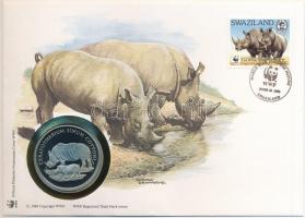 Szváziföld DN (1991) A Világ Vadvédelmi Alap (WWF) 30. évfordulója - Ceratotherium Simum Cottoni (Északi szélesszájú orrszarvú) kétoldalas Cu-Ni emlékérem érmés borítékban, bélyeggel és bélyegzéssel, német nyelvű ismertetővel T:PP  Swaziland ND (1991) 30th Anniversary of the World Wildlife Fund - Ceratotherium Simum Cottoni two-sided Cu-Ni commemorative medallion in envelope with stamp and cancellation, with German description C:PP