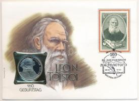 Szovjetunió 1988. 1R "Leo Tolsztoj" érmés borítékban, bélyegzéses bélyeggel, német nyelvű leírással T:PP spotted Soviet Union 1988. 1 Rouble "Leo Tolstoi" in coin envelope with stamp and cancellation, with German description C:PP fo.