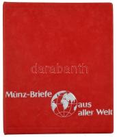 Münz Briefe aus aller Welt piros, plüssborítású, négygyűrűs album, 39db kettes osztású berakólappal, szép állapotban