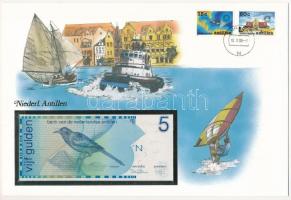 Holland-Antillák 1986. 5G borítékban, alkalmi bélyeggel és bélyegzéssel T:I  Netherlands Antilles 1986. 5 Gulden in envelope with stamps and cancellations C:UNC