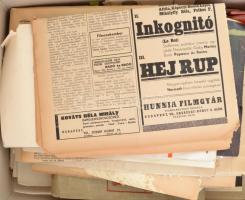 Nagy doboznyi vegyes papírrégiség tétel. Rendkívül változatos: reklámok, nyomtatványok, régi levelek...