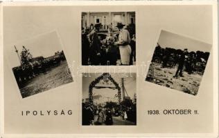 1938 Ipolyság, Sahy; Október 11. emlék a bevonuláskor, cserkész, díszkapu, kerékpáros katonák / entry of the Hungarian troops, decorated gate, scout, bicycle troops + "1938 AZ ELSŐ VISSZATÉRT MAGYAR VÁROS" So. Stpl