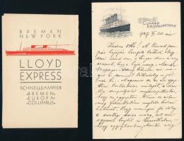 cca 1930 Hajózással kapcsolatos tétel: Hajós naplója, fejléces levélpapír, nyomtatványok
