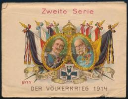 1914 Der Vőlkerkrieg 9 db felragasztható litografált képet (matricát) tartalmazó leporello Ferenc József és Vilmos császár arcképével. Kissé gyűrött papír borítóval 12x9 cm