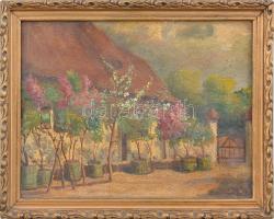 Olvashatatlan jelzéssel (Sz...), feltehetően 1920-40 körül működött magyar festő: Virágos udvar. Olaj, rétegelt falemez, 22x29 cm