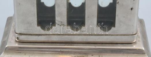 Régi fém persely, üvegbetétekkel, jelzett, kopott, nikkelezett fém, rozsda foltokkal, m: 16 cm