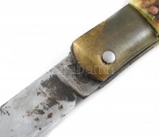 Vadász bicska, zsebkés, jelzett, bőr tokkal 19 cm Réz és szarú markolattal
