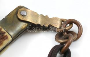 Vadász bicska, zsebkés, jelzett, bőr tokkal 19 cm Réz és szarú markolattal