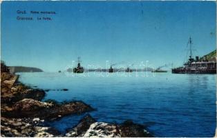 Gruz, Gravose; Ratna mornarica / La flotte / K.u.K. Kriegsmarine Flotte / Austro-Hungarian Navy fleet in the port / Osztrák-magyar hadihajó flotta lehorgonyozva a kikötőben