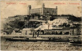 1909 Pozsony, Pressburg, Bratislava; Várhegy, "VESTA" gőzhajó, vár / Schlossberg / castle, steamship (Rb)