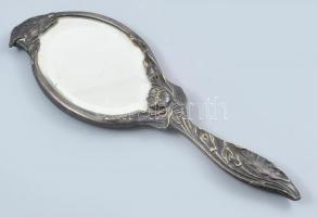 Szecessziós kézi tükör, ezüstözött alpakka borítással, jelzés nélkül, h: 34 cm