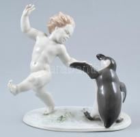 Metzler & Ortloff porcelán porcelán Puttó pingvinnel. Kézzel festett, jelzett, hibátlan, m: 19 cm