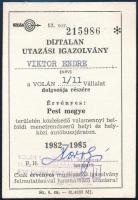 1982 Díjtalan utazási igazolvány VOLÁN alkalmazott részére, bélyegzéssel