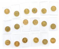 DN 18db klf aranyozott és bizonytalan Au tartalmú mini pénz, egy kivétellel lezárt fóliatokokban (~2g/10mm) T:1,1- patina, 3 karcolva ND 18pcs of diff gilt mini coins and mini coins with uncertain Au content, with one exception in sealed foil cases (~2g/10mm) C:UNC,AU patina, F scratched