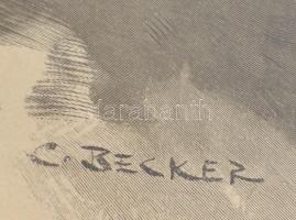 cca 1890-1900 Falkavadaszat. Rotációs fametszet, papír. C. Becker jelzéssel a metszeten. Üvegezett f...