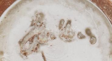 Farkas? jelzéssel: csíkos váza. Mázas kerámia, kézzel festett, jelzett, hibátlan. 16 cm