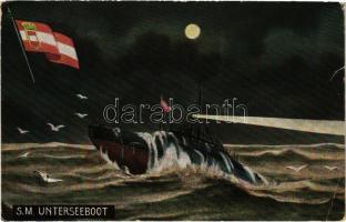 1934 Az Osztrák-Magyar Haditengerészet tengeralattjárója éjjel / K.u.K. Kriegsmarine SM Unterseeboot / Austro-Hungarian Navy submarine at night, naval flag. C. Fano, Pola 1916/1917. No. 40. (EK)
