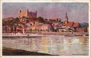 Pozsony, Pressburg, Bratislava; vár, "WIEN" oldalkerekes gőzhajó. Első Cs. kir. szab. Duna-Gőzhajózási Társaság művészlapja / castle, steamship s: Rud. Schmidt