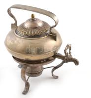 teáskanna és melegítő állvány, Jelzett alpakka. XIX. sz. 28 cm