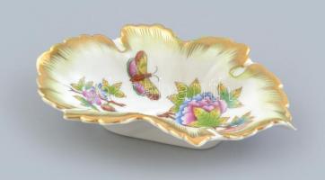 Herendi porcelán Viktória mintás leveles tálka, kézzel festett, jelzett, hibátlan, 14,5×8 cm