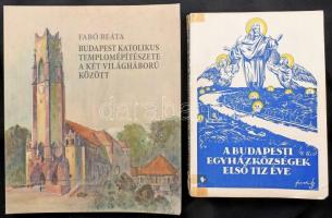 A budapesti rk. egyházközségek első tíz éve. Sajtó alá rendezte: Dr. Hauser Ignác. Bp., 1930, Budapesti Rk. Egyházközségek Központi Tanácsa (Pallas-ny.), 254 p. Fekete-fehér fotókkal illusztrálva. A borító Jaschik Álmos munkája. Kiadói papírkötés, kissé sérült borítóval és gerinccel. A címlapon Dr. Budó Jusztin (1884-1943) történész, Budapest főlevéltárosa saját kezű aláírásával. + Fabó Beáta: Budapest katolikus templomépítészete a két világháború között. Bp., 2021, Budapest Főváros Levéltára. Gazdag képanyaggal illusztrált. Kiadói papírkötés, jó állapotban.