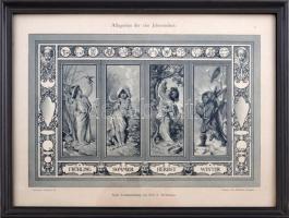 cca 1895 A négy évszak allegóriája, a Dekorative Vorbilder sorozatból, Max von Widnmann (1812-1895) munkája, nyomat, papír. 24x33 cm, üvegezett fakeretben