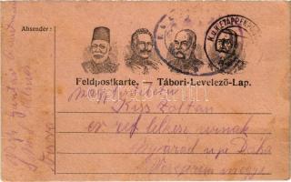 1917 Első világháborús tábori postai levelezőlap a Központi Hatalmak uralkodóival: V. Mehmed, I. Ferdinánd, II. Vilmos, Ferenc József / WWI Austro-Hungarian K.u.K. military field postcard, Viribus Unitis and Central Powers propaganda: Mehmed V, Ferdinand I of Bulgaria, Wilhelm II, Franz Joseph I of Austria. Feldpostkarte (EK)