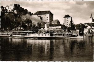 1955 Passau, Ober und Niederhaus / BUDAPEST oldalkerekes gőzhajó / Hungarian steamship