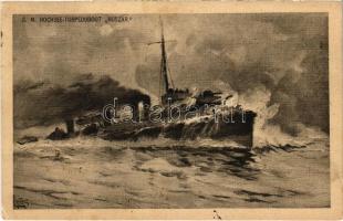 SMS Huszár az Osztrák-Magyar Haditengerészet Huszár-osztályú rombolója, hátoldalon litho zászló / K.u.K. Kriegsmarine SM Hochsee-Torpedoboot Huszár / WWI Austro-Hungarian Navy SMS Huszár torpedo destroyer, litho flag on the backside. Phot. Alois Beer. Verlag F. W. Schrinner, Pola s: Ramberg (EK)