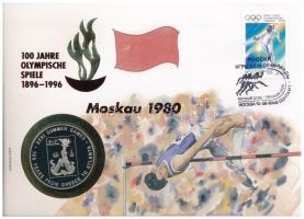 Mongólia 2002. 100T Cu-Ni "XXVI Olimpiai Játékok - Atlanta" érmés borítékban, bélyeggel, bélyegzéssel, német nyelvű leírással T:PP  Mongolia 2002. 100 Tugrik Cu-Ni "XXVI Summer Olympics, Atlanta" in envelope with stamp and cancellation, with German language description sheet C:PP